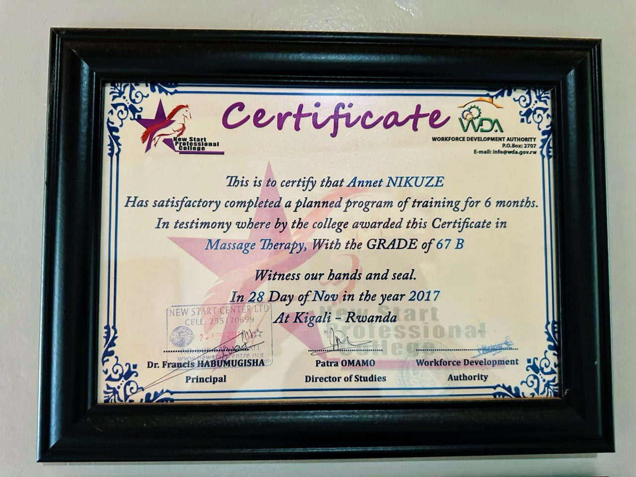 Massage Therapy Certificate - Grade 67 B